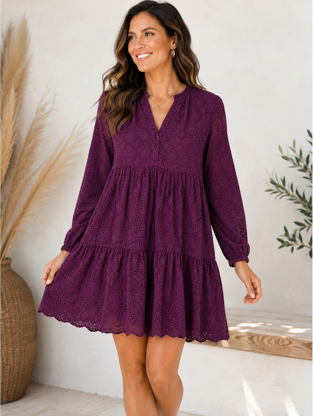 Lilly Pulitzer Winona Eyelet Long Sleeve Swing Dress In Purple Cherry Ganache XL
